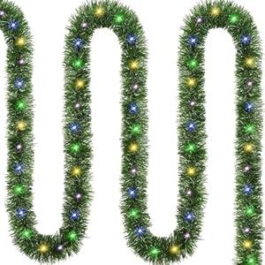 33 FT Christmas Tinsel Garland with Lights, Green Metallic Twist Hanging Garland Shiny with 100 LED Lights, 20 PCS Red Bows, for Xmas Tree Stairs Holiday Party Indoor Outdoor Decoration