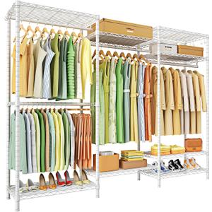 Ulif E13 Heavy Duty Clothes Rack（With 4 Hanger Rods & 8 Shelves） Freestanding Clothing Racks for Hanging Clothes，Adjustable Closet Organizer，Metal Garment Rack 63" W x16 D x77 H，Max Load 900LBS，White