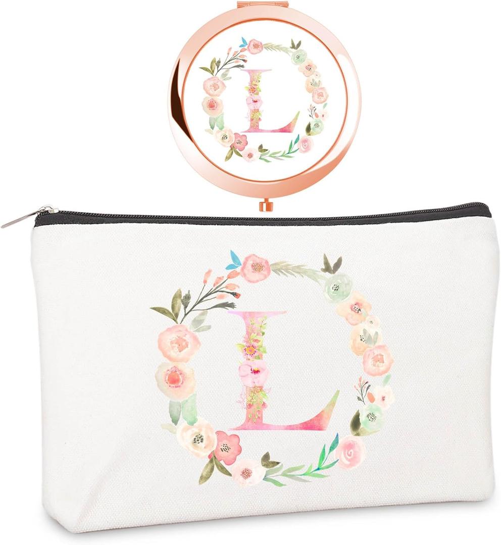 Personalized Gift Initial Compact Mirror w Makeup Bag for Women Sister Daughter Mom Wife, Floral Monogram Alphabet Small Mirror Ideal Gift on Birthday, Christmas, Graduation (L + Bag, ROSE GOLD)