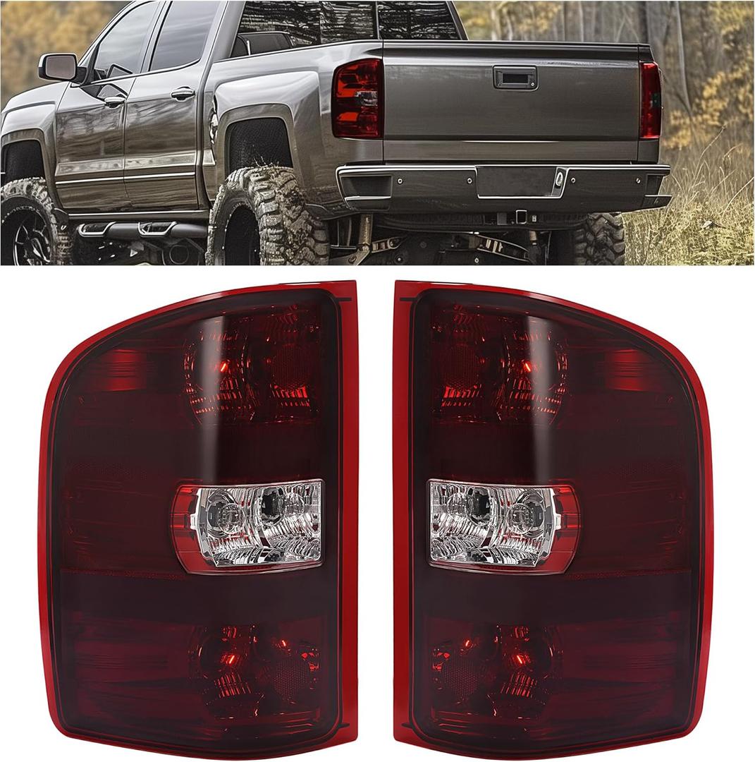 HECASA Pair Tail Light Compatible with 2007-2014 Chevy Chevrolet Silverado 1500 2500HD 3500HD Halogen Brake Lamp Taillight Dark Red Lens+Chrome Housing Driver & Passenger Side