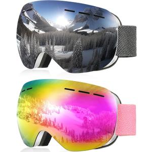 NSSIW Ski Goggles for Men Women Youth, OTG Snowboard Goggles Snow Goggles with Anti Fog and UV Protection Over Glasses 2 Pack (A02 White/Silver (Vlt 10% ) + White/Pink (Vlt 18%))