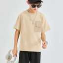 Boys Short Sleeve T Shirts Kids Fashion Crewneck Casual Tees Tops with Flap Chest Pocket 5-14 Years (Beige)
