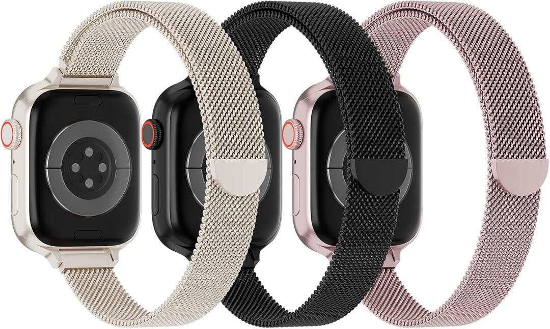 3 Pack Slim Metal Loop Compatible with Apple Watch Band 42mm 41mm 40mm 38mm 46mm 45mm 44mm 49mm Women Men, Thin Stainless Steel Magnetic Strap for iWatch Bands Series 11 10 9 8 SE 7 6 5 4 3 Ultra (Black/Rose Pink/Starlight)