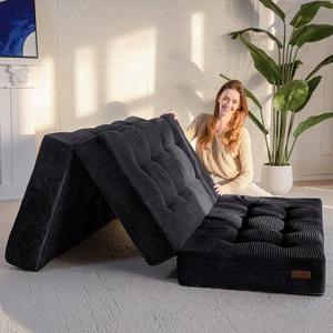 MAXYOYO Tri-Fold Mattress, 6 Inch Tufted Folding Mattress Full Foam Bed, Foldable Floor Couch Guest Bed Topper Portable Camping Sleeper with Corded Fabric, Black, 53"x75"