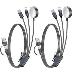 2Pack Multi Charging Cable Cord for Travel Essentials,Apple Watch Charger,iPhone Charger,[3-in-2] Type C/Lightning Cable Portable Designed for iWatch,iPhone 17-8,Galaxy S25-21,AirPods,iPad-1.5M Black