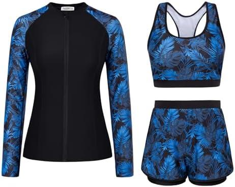 JASAMBAC 3 Piece Rash Guard for Women, Long Sleeve Swimsuits Bathing Suit 2026, UPF 50+ Swim Shirt with Built in Bra & Shorts, XL
