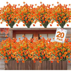 20 Bundles Artificial Fall Flowers for Outdoors Fall Thanksgiving Decorations-UV Resistant Fake Mums Faux Plants Plastic Flowers Greenery Home Porch Gardens Fireplace Patio Autumn Decor(Orange Red)