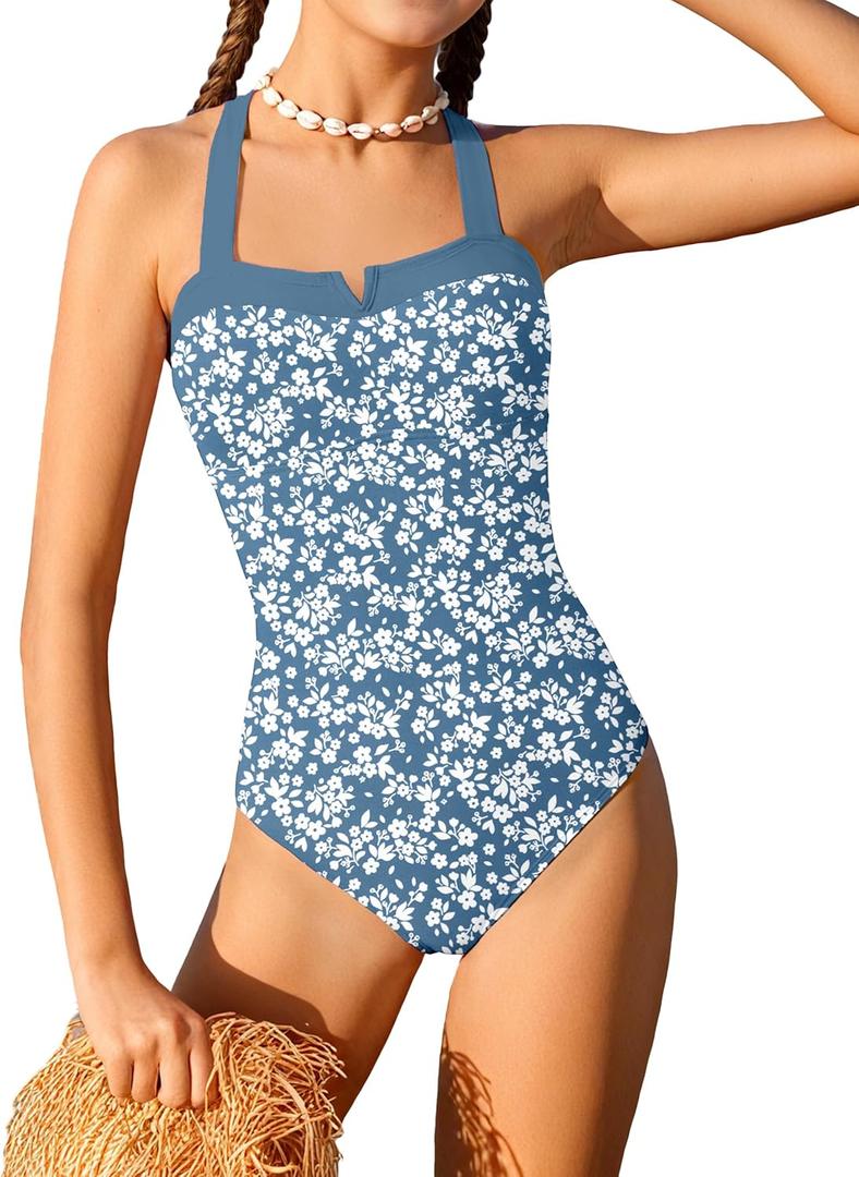 Shallmu Girls One Piece Swimsuits Color Block Dual Crossback Straps with Cover Up Skirt Girl's Swimwear 9-16Y (11-12 Years, Blue Floral)