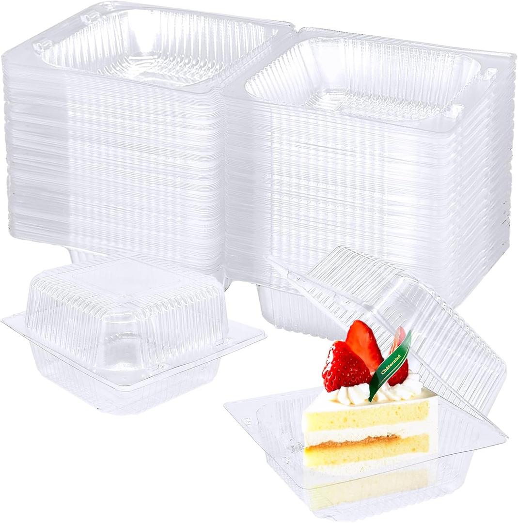 100 Pack Clear Plastic Square Hinged Food Clamshell Container, Disposable To Go Cake Slice Container,Clear Plastic Clamshell Food Containers for Cookies, Desserts, Fruits, Salads, Sandwiches