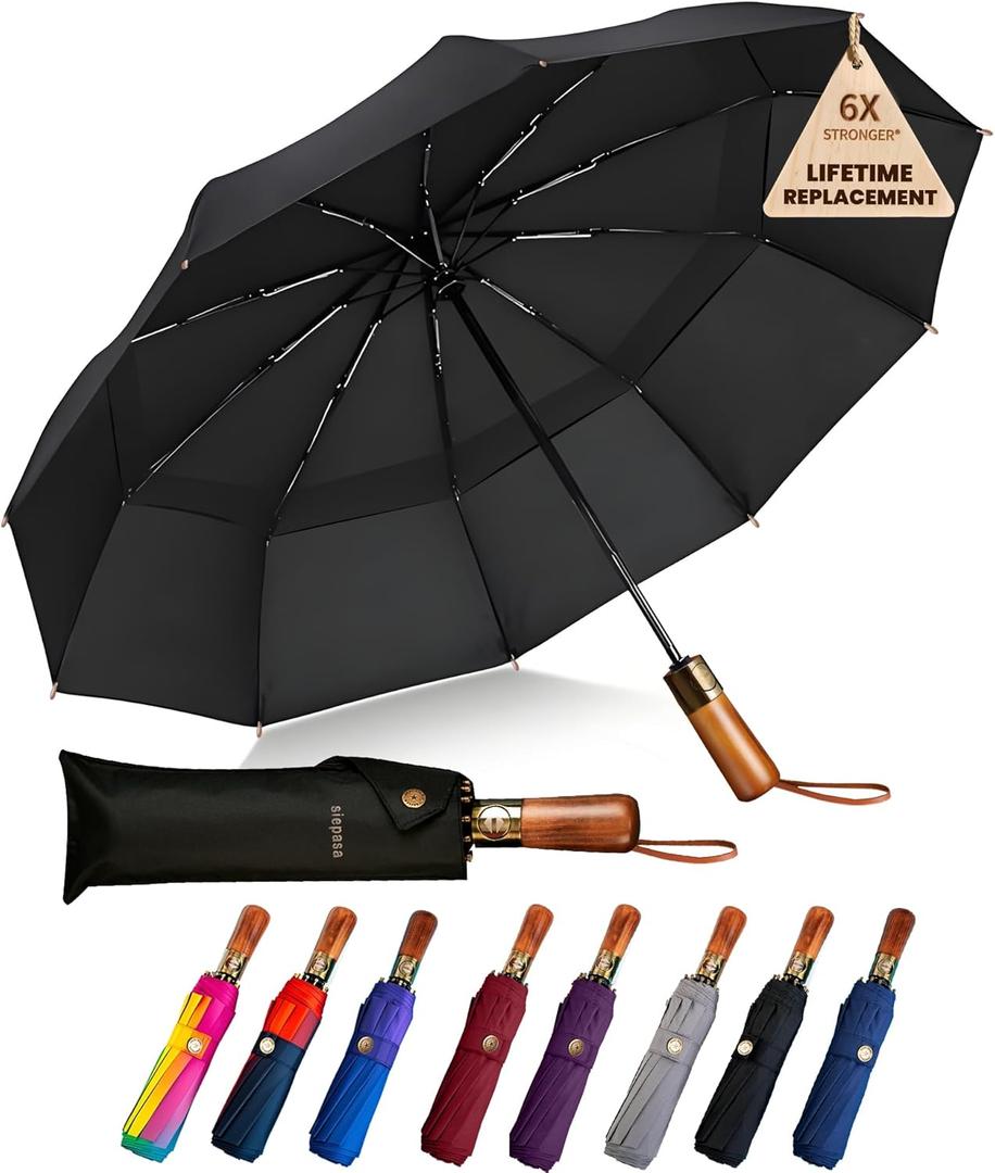 SIEPASA 49/54/62 Inch Windproof Golf Umbrella - Automatic Open/Close, Real Wood Handle - Large Folding Travel Umbrella for Wind, Rain & Sun Protection. (Black)