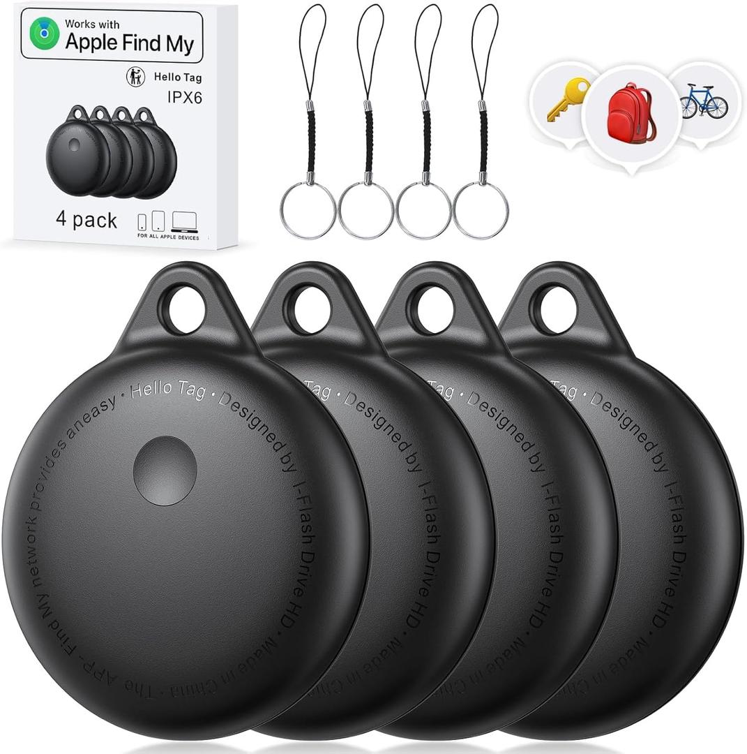 Smart Tags-4 Pack, Smart Bluetooth Tracker Work with Apple Find My, Key Finders and Find My Tracker, Game Changer Waterproof Smart Tag with Key Ring Tracker Tag for Keys/Luggage/Wallet etc (black)
