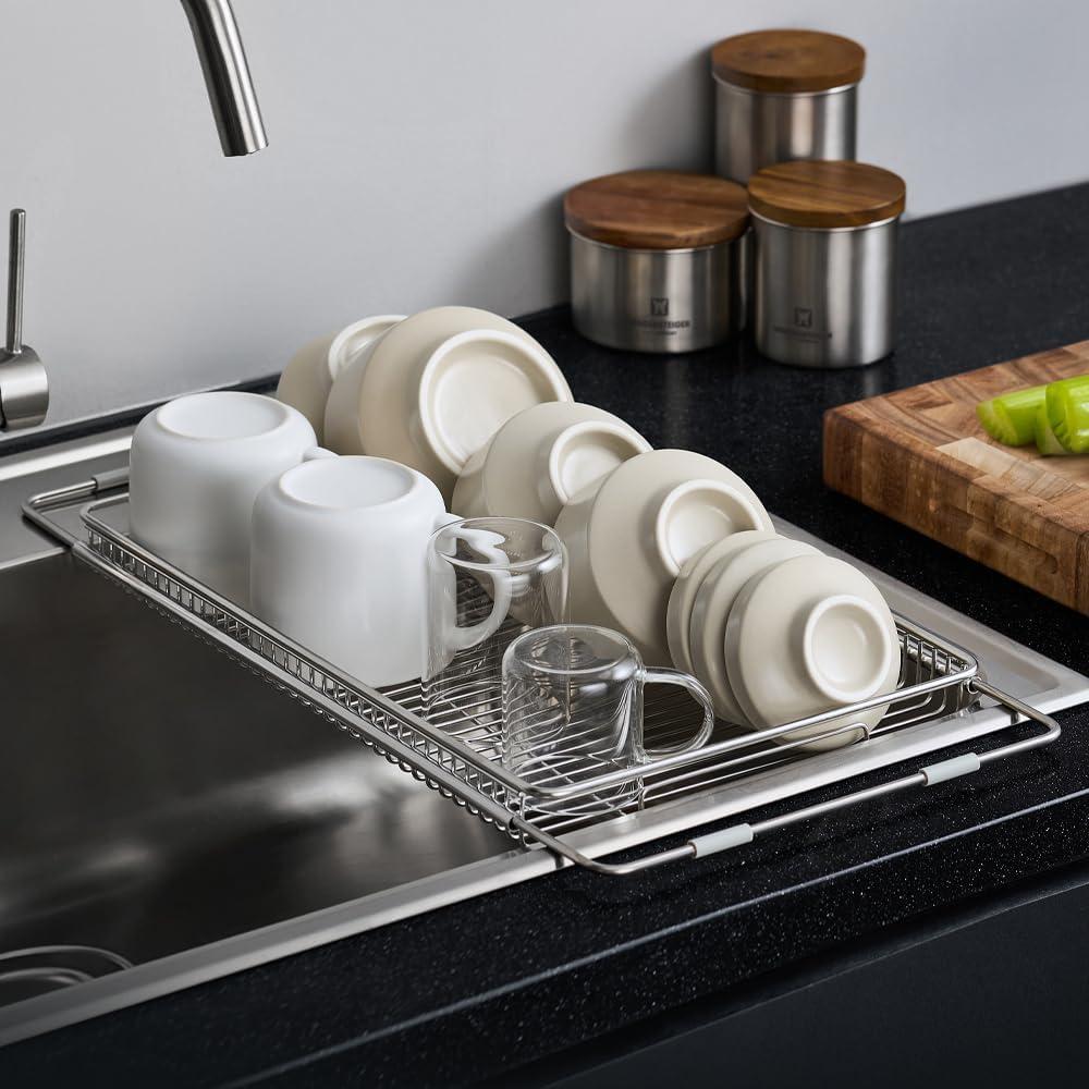 WAGENSTEIGER Stainless Steel Extendable Dish Drying Rack and Organizer Over The Kitchen Sink, Vegetables & Fruits Rinse Rack, Dish Drying Tray, Kitchen Strainer Colander, Foldable Rinsing Station