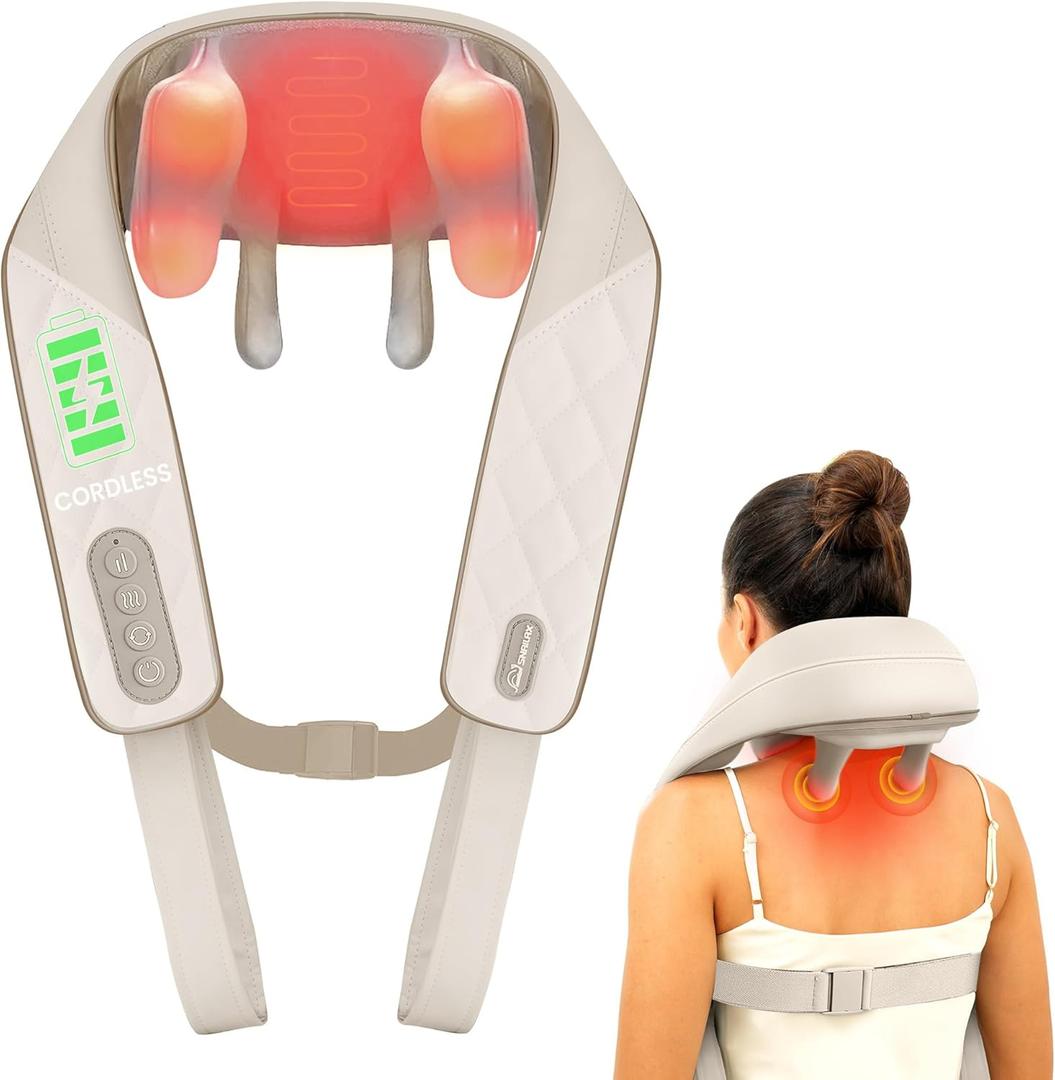 Snailax Cordless Neck Massager with Heat, Kneading Neck and Shoulder Massager Deep Tissue, Shiatsu Back Pillow, 2 Heating Levels,Gifts for Mom Dad (Khaki)