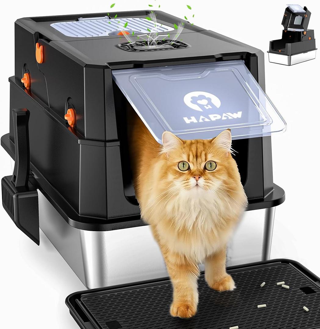 Stainless Steel Litter Box with Lid, Anti-Leakage Enclosed Metal Litter Box, Flip-Top Extra Large Kitty Litter Pan with Scoop & Pedal, Odor Free, Front & Top Dual Entry, Black