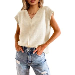 Saodimallsu Women's V Neck Cap Sleeve Lightweight Knit Sweater Top (Beige, S)