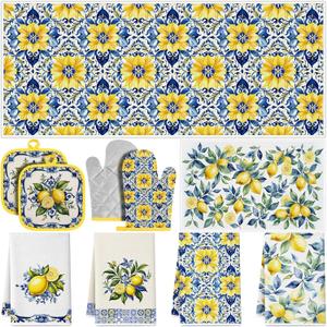 10 Pcs Mediterranean Lemons Kitchen Gift 4 Dish Towels Tea Towels 2 Oven Mitts 2 Pot Holders Lemon 2 Mats Kitchen Accessories for Cooking Baking