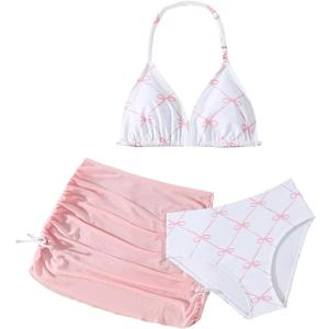 Verdusa Girl's 3 Piece Cute Swimsuit Bow Bikini Set Halter Triangle High Waisted Bathing Suit with Cover Up Pink 8 Years