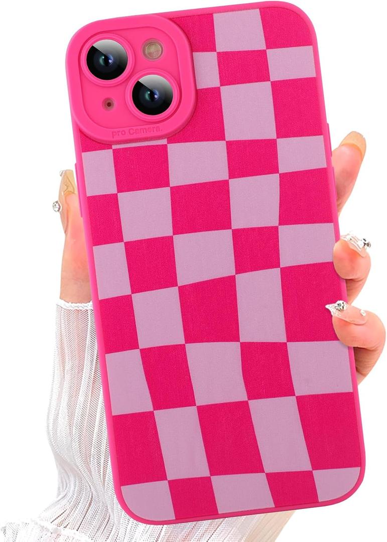 ZIYE for iPhone 14 Case Hot Pink Grids Plaid Checkerboard Pattern Phone Case with Camera Protection,Soft TPU Silicone Rubber Protective Cover Grid Checkered Chess Design Cases