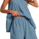 Gozoloma Womens 2 Piece Outfits Sleeveless Matching Sets A Line Tank Tops Contrast Stitching High Waist Shorts with Pockets (Blue, L)