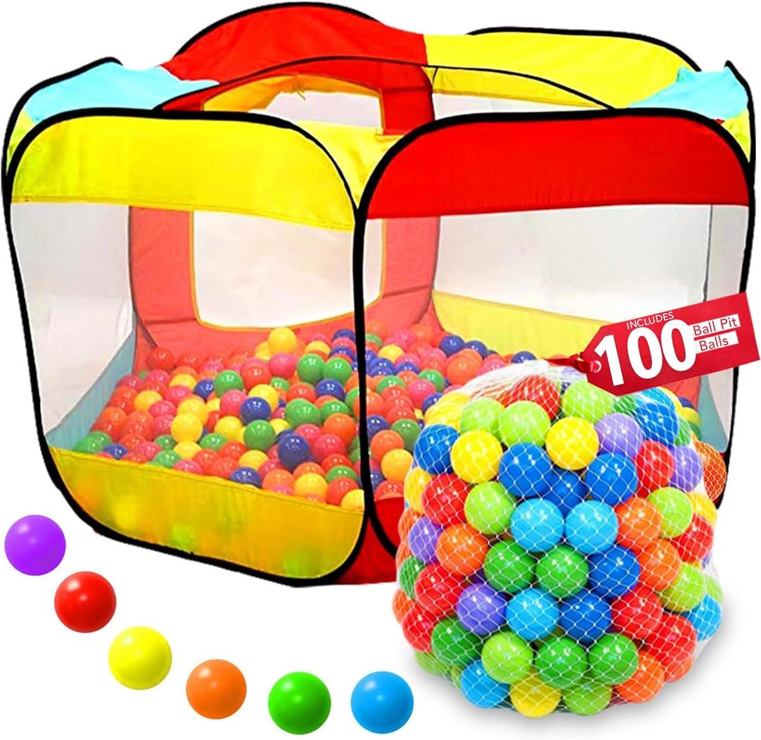 Kids Play Tent with 100 Balls Extra Large 56x50 Pop-Up Ball Pit Indoor/Outdoor Playhouse with Mesh Windows & Carry Bag