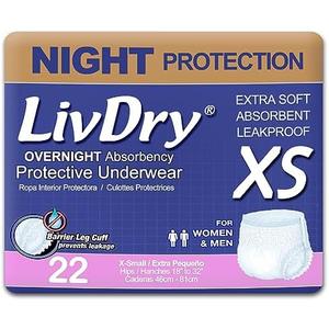 LivDry Adult XS Incontinence Underwear, Overnight Comfort Absorbency, Leak Protection, X-Small, 22-Pack