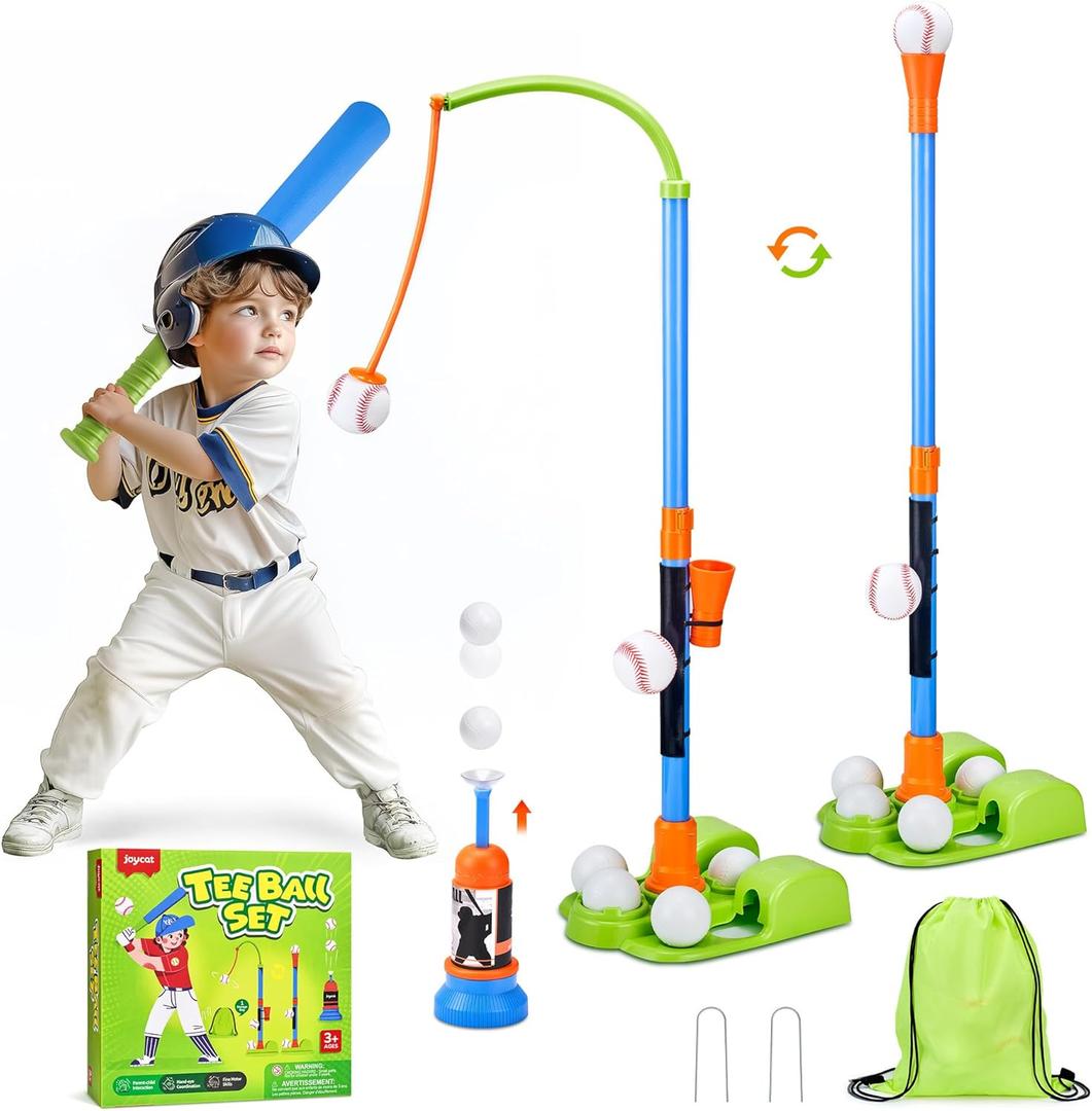JoyCat 3-in-1 T Ball Set for Kids 3-5,Toddler Baseball Set-T Ball Stand,Hanging Tee,Auto Launcher,6 Balls-Adjustable Height Sports&Outdoor/Indoor Toys for 3 4 5 6 7 8 Year Old Boy Girl Birthday Gift