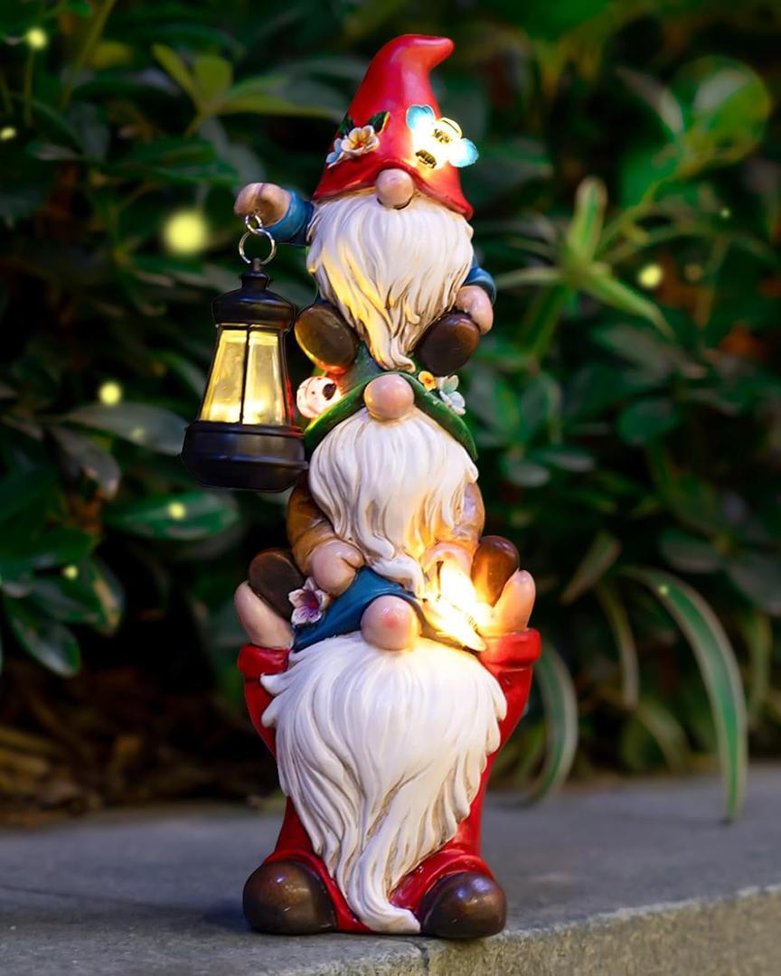 twinbling Garden Gnome Statue with Solar Lights Garden Sculptures Funny Triple Gnome Outdoor Patio Lawn Yard Balcony Home Decor Birthday Gift for Mom Woman Grandma 12 in Summer Gnomes (Multicolor)