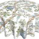Blue Green Flower Bird Tablecloth 70 Inch Round Chinoiserie Floral Toile Table Cloth Spring Decorations Polyester Stain Resistance Round Table Cover for Party Picnic Kitchen Decor Outdoor