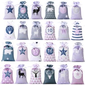 Christmas Advent Calendar Bags, 24 Days Countdown Burlap bags Hanging Advent Calendar Gift Favors for Xmas Decorations (Purple)