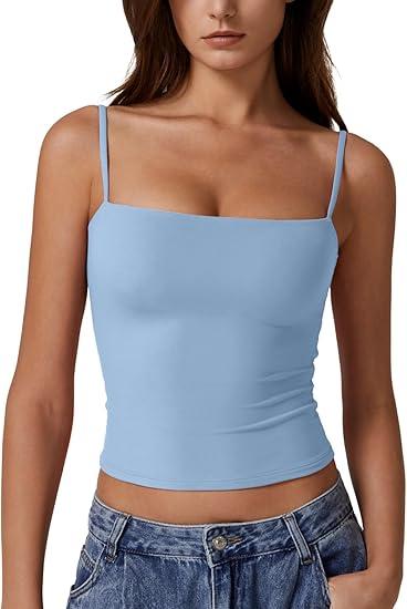 QINSEN Women's Double Lined Basic Tank Top Adjustable Spaghetti Straps Sleeveless Camisole Shirts (L)