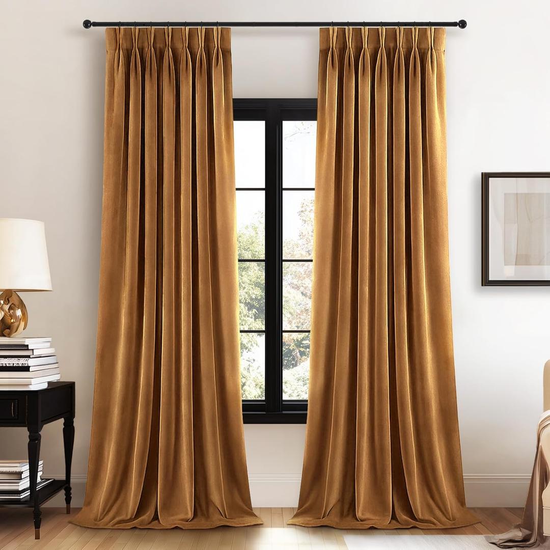96 Inch Long Gold Brown Velvet Blackout Curtains 2 Panels Elegant Boho Heavy Pinch Pleated Drapes for Living Room Bedroom,Crushed Room Darkening Soundproof Thermal Window Panels for Winter Decor