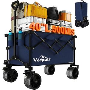 40" L Collapsible Wagon Cart Foldable, 500lbs Weight Capacity 250L Heavy Duty Folding Beach Wagons with Big All-Terrain Wheels, Utility Carts for Groceries, Shopping, Camping, Sports - Blue