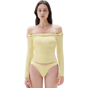 SUUKSESS Women Padded Off The Shoulder Tops Double Lined Going Out Fitted Basic Fall Shirts (Medium, Butter Yellow)