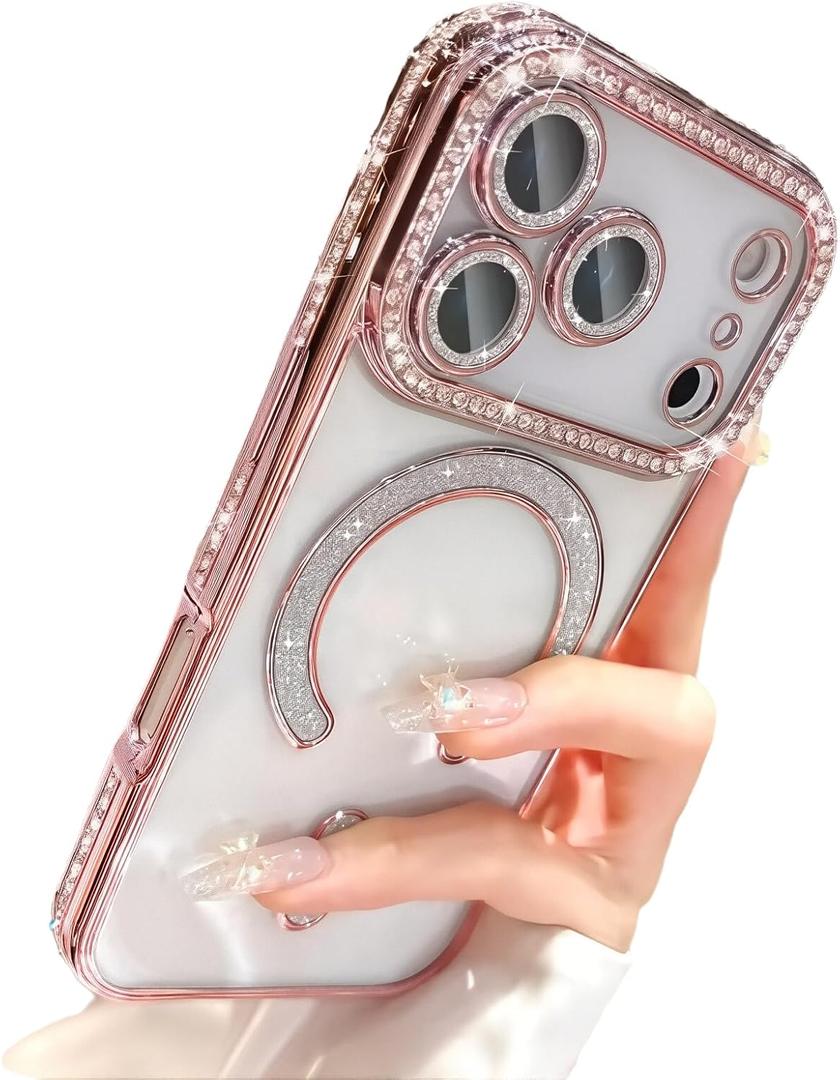 Magnetic Glitter Diamond for iPhone 17 Pro Max Case[Compatible with MagSafe] Sparkle Rhinestone Camera Lens Protector Plated, Crystal Clear Slim Military Drop Shockproof Cover for Women, Pink