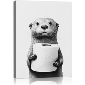 Adorable Otter Bathroom Wall Art Black and White Animal Canvas Art Prints,Cute Otter Clutching A Tissue Funny Wall Decor Modern Humorous Artwork for Restroom Rustic Farmhouse Washroom Animal Prints (11"L x 14"W)