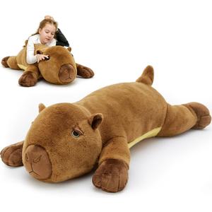 MaoGoLan 39.4" Capybara Plush Pillow, Cute Capybara Stuffed Animal, Soft Sleeping Capybara Throw Pillow Birthday Christmas Festival Gifts for Kids Adults (Dark Brown)