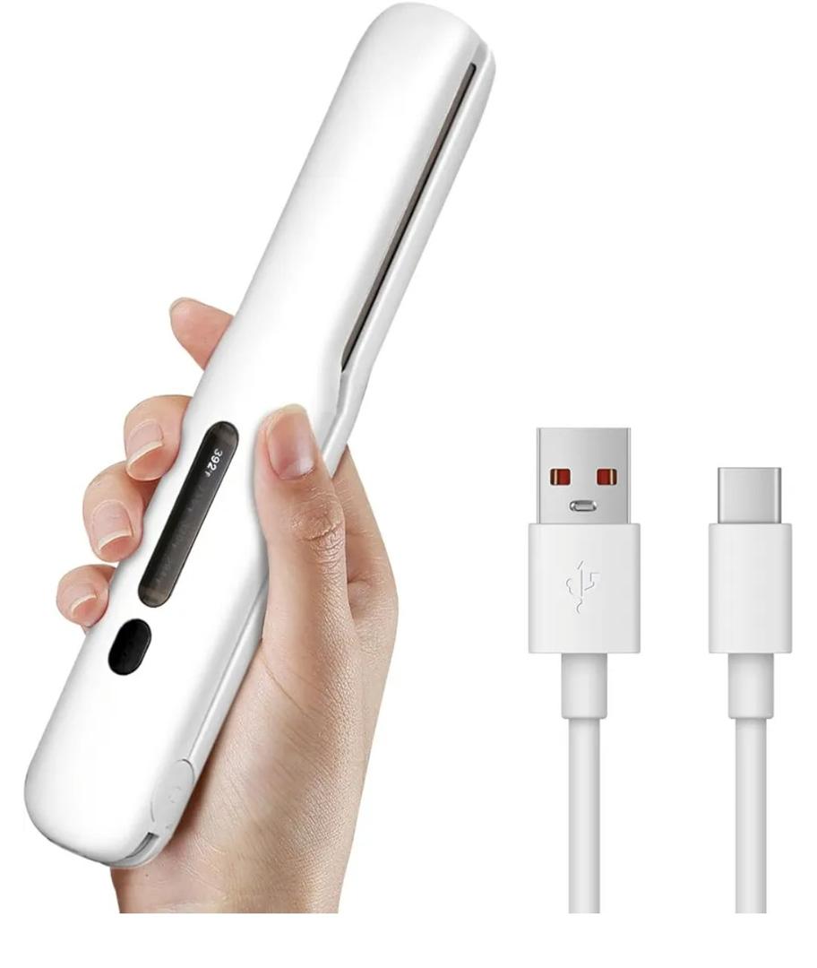 Gosect Cordless Hair Straightener, Travel Flat Iron Rechargable for Women, Portable Mini Hair Straightener and Curler 2-in-1, Fast Heating, Adjustable Temp for Car,Travel, On-the-Go Styling(White)
