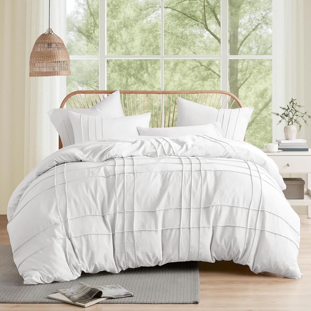Comfort Spaces White Queen Size Duvet Cover Set - 3 Pieces Pintuck Pleated Duvet Cover Queen, All Season Lightweight, Extra Softness Pre-Washed Microfiber Queen Bedding Cover Shams, Full/Queen