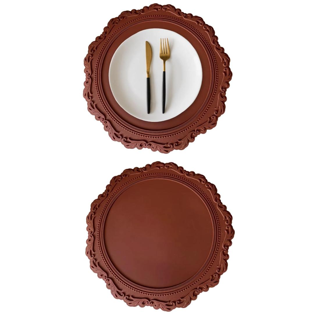 2 Pack Round Silicone Placemats Set, 13.38 Inch Diameter European Style Decorative Table Mats, Heat Resistant Waterproof Non-Slip Easy Clean Dish Mats for Dining Table & Kitchen Counter (Dark Brown)
