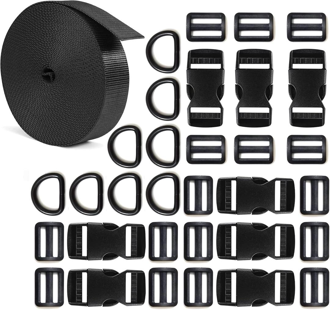 1 inch Buckle Strap Set with 10 Yards Nylon Webbing, 8 Pcs Metal D Rings, 8 Pcs Quick Side Release Plastic Buckles, 16 Pcs Tri-glide Slide Clip for DIY Backpack Replacement (Black)