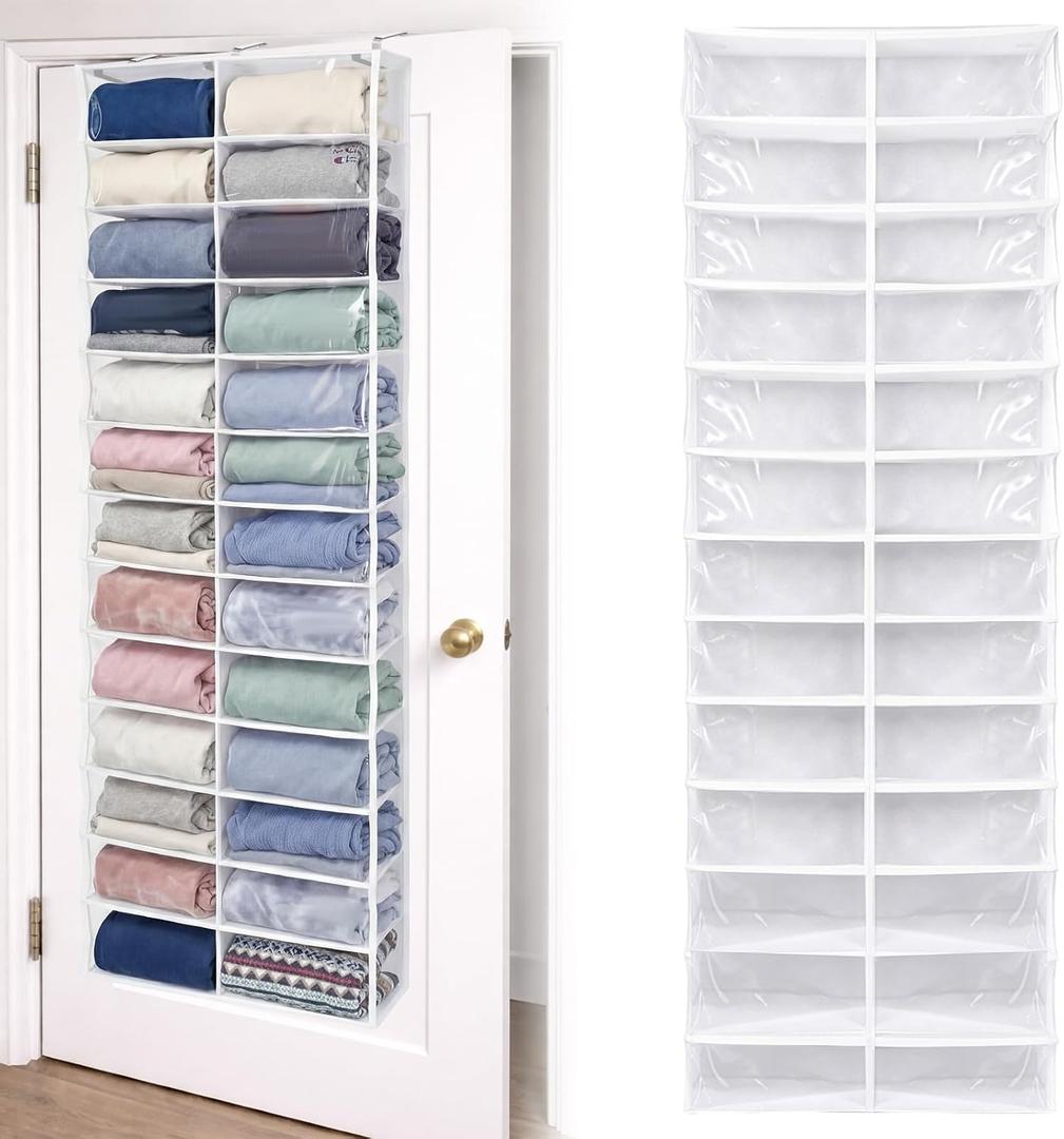 Over The Door Hoodie Organizer 26 Pocket Organizer, White | Clear Sweatshirt Organizer, 3 Hooks, Hanging Sweatshirt Hoodie Rack Holder, Cabinet Behind Door, Dormitory Bedroom Closet