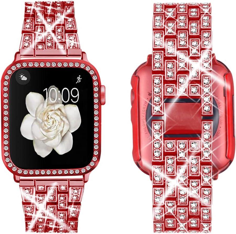 Supoix Compatible with Apple Watch Band 38mm 40mm 41mm 42mm 44mm 45mm 46mm 49mm+ Case, Women Jewelry Bling Diamond Rhinestone Replacement Metal Bands & 2 Pack PC Protector Case for iWatch Ultra 2/ Ultra Series 10/9/8/7/6/5/4/3/2/1/SE (44mm (Series 6/5/4/SE), Red)
