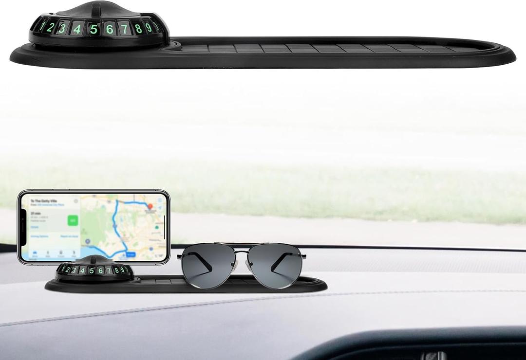 BOXOB Multifunction Car Anti-Slip Mat with 360 Rotating Auto Phone Holder, Universal Dashboard Organizer Pad with Temporary Parking Number for Phones Keys Sunglasses Gadgets (Gray Black)