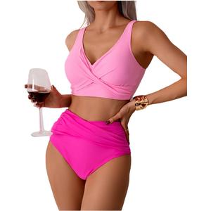 Ruched Swimsuit Criss Cross Bikini Set Womens 2 Piece High Waisted Bathing Suit Tummy Control Adjustable Wide Straps (Large, Rose) Ruched Swimsuit Criss Cross Bikini Set Womens 2 Piece High Waisted Bathing Suit Tummy Control Adjustable Wide Straps (Large, Rose)