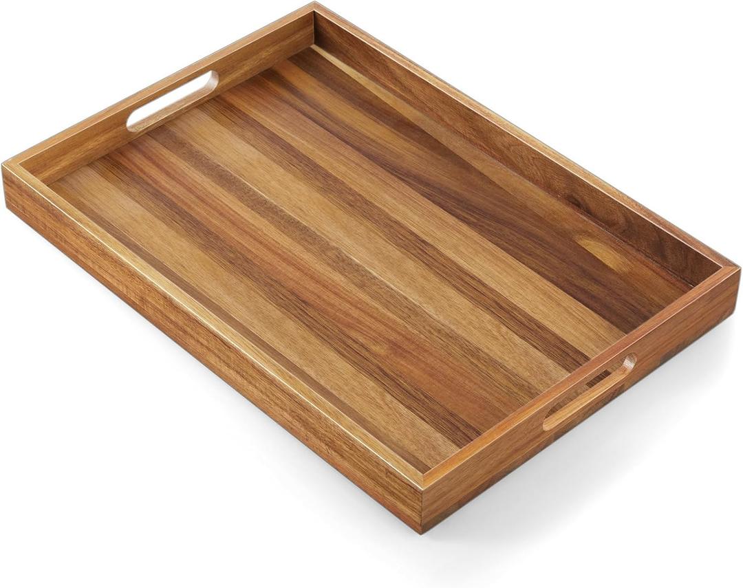 17 Inch Acacia Wood Serving Tray with Handles - Large Wooden Tray for Ottoman, Breakfast in Bed, Dinner, Coffee Table - Decorative Rectangular Tray for Living Room Bedroom Entryway and Kitchen