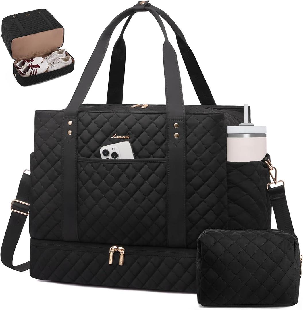 LOVEVOOK Large Travel Duffle Bag for Women, 45L Weekender Bags with Shoe Compartment & Wet Pocket, Quilted Carry On Personal Item Bag, Overnight Hospital Bags for Labor Delivery Black
