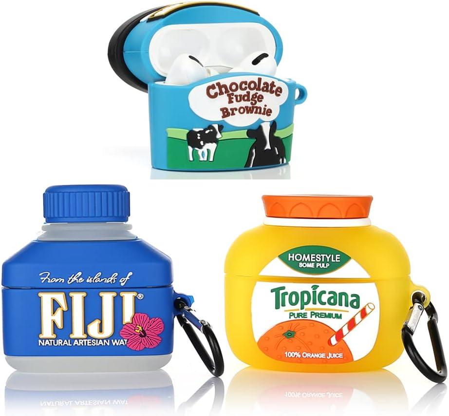 (3Pack) Case for Airpods Pro, BGAANM Cartoon Silicone Case Protective Cover with Cute Funny Skin Design, with Keychain (Juice+Icecream+Bottle)