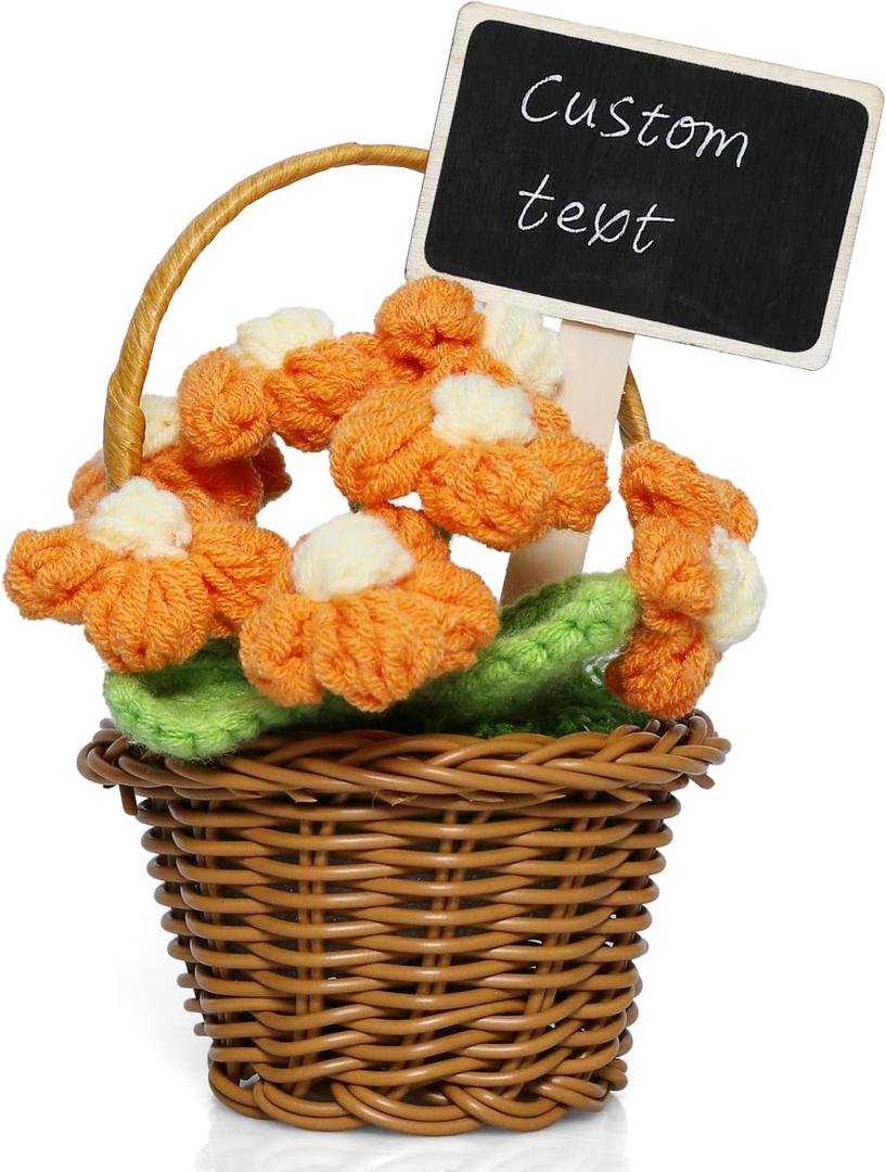 MSEHKM Personalized Handmade Crochet Flower Mini Basket with Customizable Chalkboard Inspirational Positive Crochet Flower Perfect Customizable Message Gift for Anyone