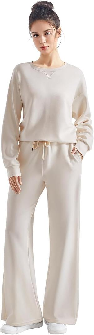 SUUKSESS Women Modal Fall 2 piece outfits Oversized Sweatshirt Wide Leg Pants (Large, Apricot)