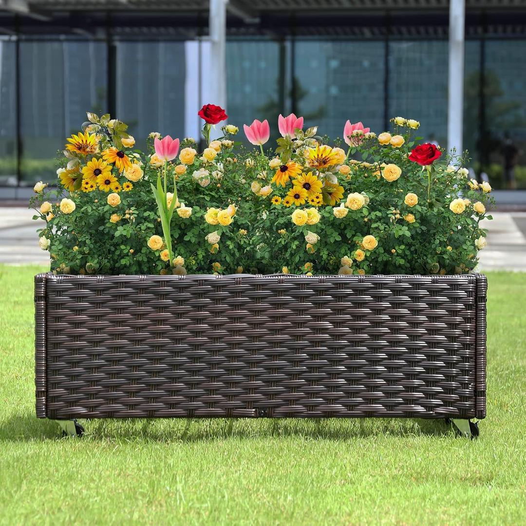 Raised Garden Bed with Wheels - Rattan Wicker Elevated Raised Garden Bed Outdoor Raised Planter Box for Vegetables Grass Lawn Yard, 38 x 14.5 x 12 in, Brown